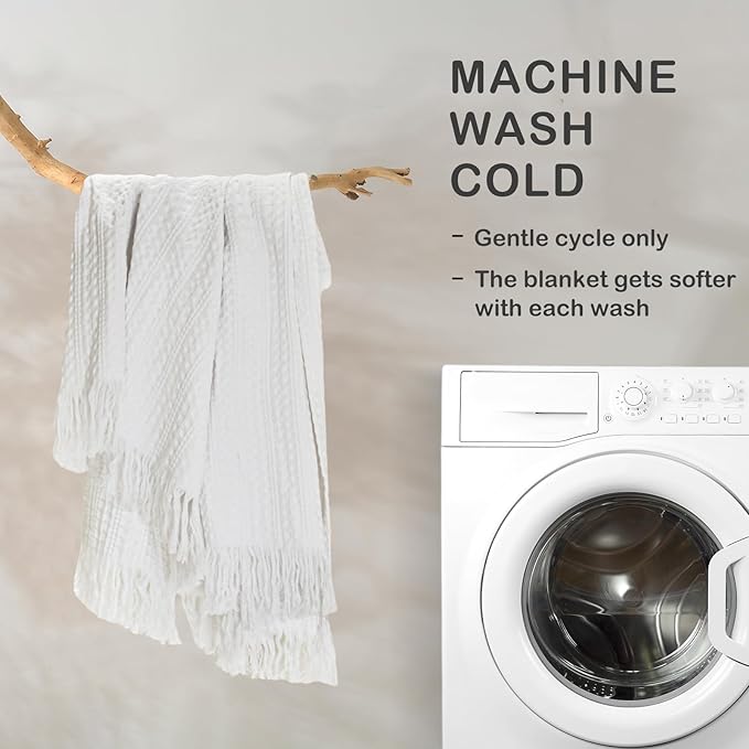 100% Cotton Waffle King Blanket with Fringe 104"x90", Pre-Washed Waffle Weave Blanket for All Season, Lightweight Breathable Soft Cozy Throw Blanket for Couch, Bed, Travel (White)