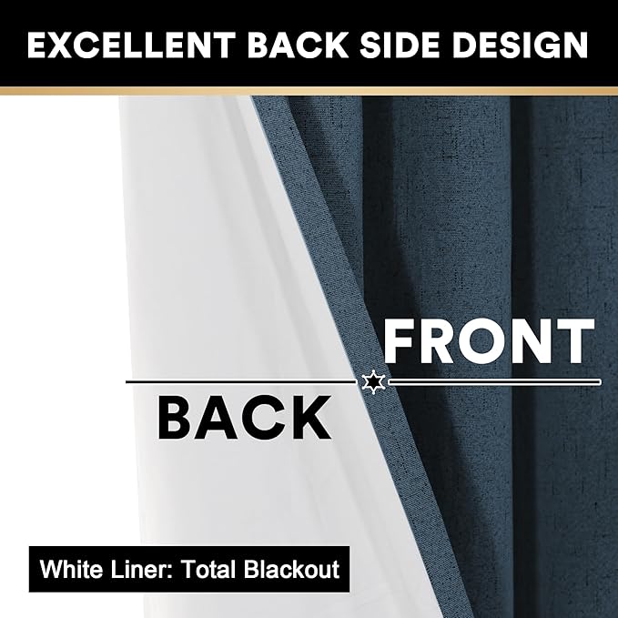 PrinceDeco Linen Blackout Curtains 108 Inches Long Thermal Insulated Textured Blackout Curtains 2 Panels Set Grommet Textured Curtains with White Liner for Bedroom Living Room(52x108 inch,Navy)