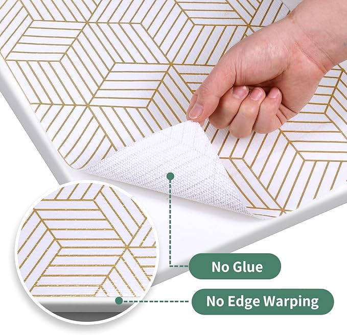 Shelf Liners for Kitchen Cabinets 23.6in x 49.21FT, Non Adhesive Cabinet Liner Strong Non-Slip Thickened Gold Geometric Drawer Liner, Easy to Clean for Shelf, Cabinet with Knife and Tape Measure