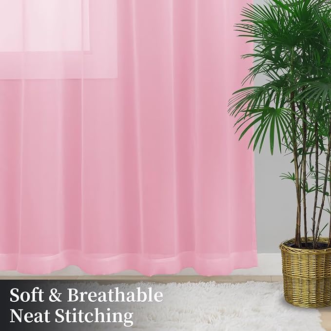 Sheer Curtains 54 Inches Long 2 Panels, Rod Pocket Short Curtain for Kitchen, Bedroom, Cafe Window(Pink 38" W x 54" L)