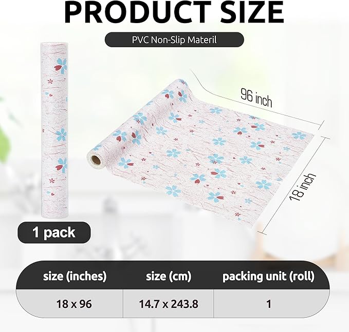RAY STAR 18X96 Inch Shelf Liner for Kitchen Cabinets, Non-Adhesive Cabinet Liner Washable, PVC Drawer Liner for Dresser Non-Slip Bathroom (Blue-Floral)(1 Roll)