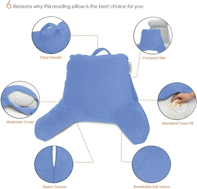 Nestl Reading Pillow for Kids & Teens with Shredded Memory Foam, Backrest Pillows for Reading, Watching, and Gaming, Use on The Couch, Bed, or Floor, Adjustable Support with Washable Cover Calm Blue