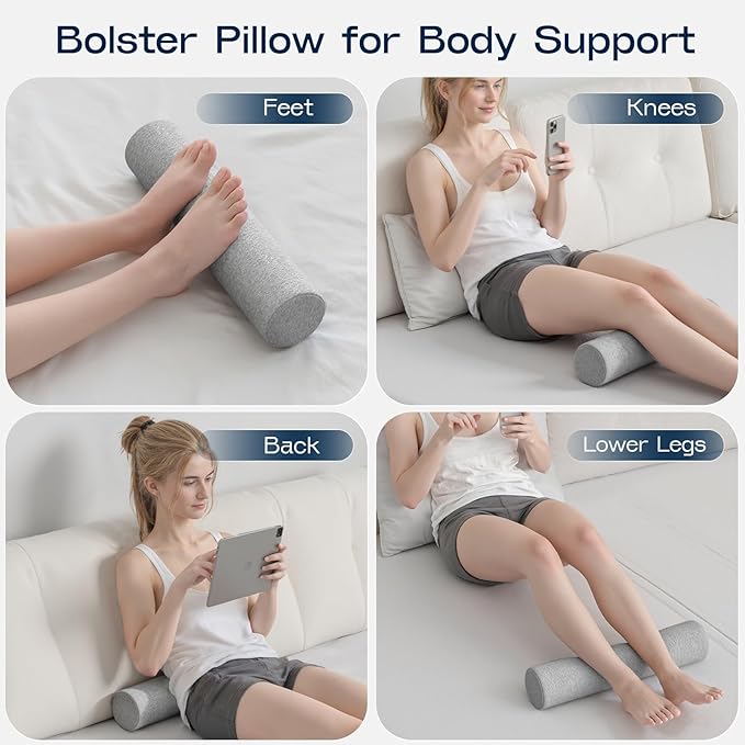 Neck Roll Pillow, Memory Foam Neck Support Pillows, Round Neck Pillows, Cylinder Bolster Pillows for Bed, Couch, and Yoga, Removable Washable Cover,18 * 4 * 4 inch (Small,Grey)