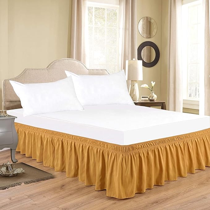 Gold Wrap Around Bed Skirts with 16" Drop - Three Sides Fabric Adjustable Elastic Dust Ruffle Silky Soft -600 TC Stretchy Bed Skirt-Twin(39"X 75") Gold