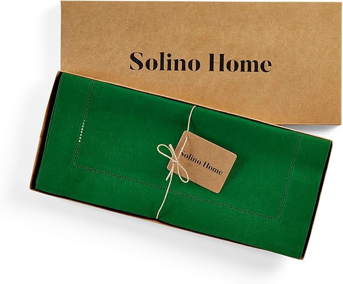 Solino Home Linen Garden Green Table Runner 144 Inches Long - 100% Pure Linen Extra Long Table Runner 14 x 144 Inch for Christmas, Winter, New Year - Classic Hemstitch
