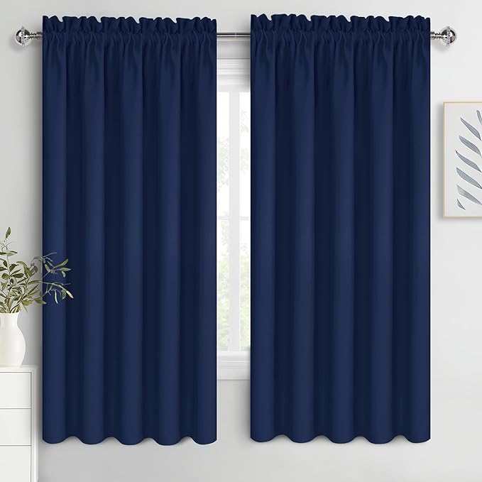 DWCN Bedroom Blackout Curtains 60 x 63 Inches Length 2 Panels Set, Solid Thermal Insulated Energy Saving Window Treatment Drapes, Rod Pocket Curtains for Kids Boys Room (W60 x L63 Inch, Navy Blue)
