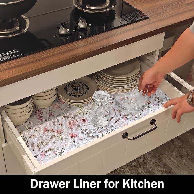 Floral Leaf Shelf Liners Strong Non-Slip and Non Adhesive 12IN x 20FT Shelf and Drawer Liners for Kitchen Cabinet Wire Fridge, Waterproof Shelf Drawer Liner,Easy to Clean