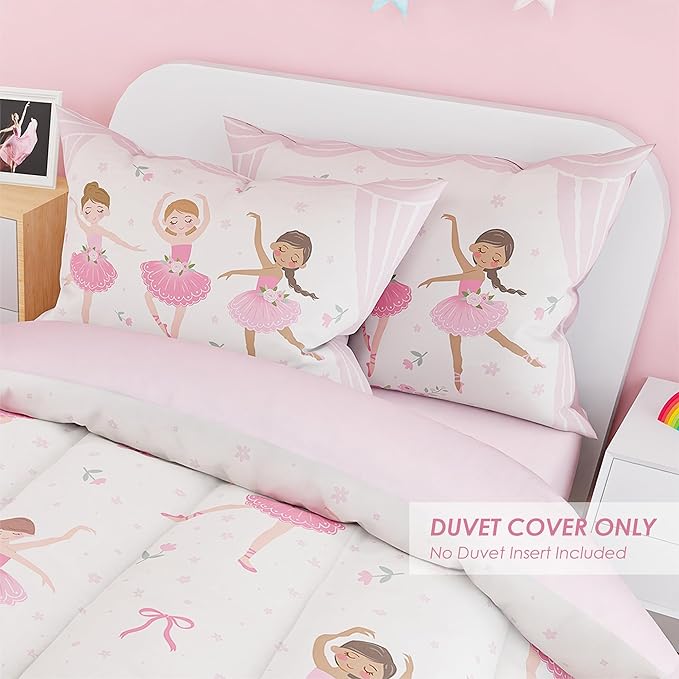 SANDJEST Ballet Duvet Cover Sets Full Size for Kids Girls, Incude 1 Polyester Comforter Cover 80x90 Inches and 2 Pillowcases 20x26 Inches, Comforter Not Included, Gift for Christmas Birthday