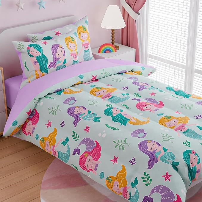 SANDJEST Mermaid Bedding Full for Girls, Ultra Soft Microfiber Comforter Set Full Size with 4-Pieces, Comforters Bed Sets for Kid Children Teen Tween Bedroom Decor