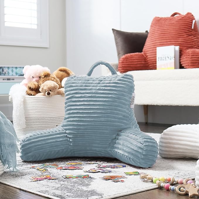 Nestl Reading Pillow for Kids & Teens with Shredded Memory Foam, Luxe Cut Plush Backrest Pillows for Reading and Gaming, For use on Couch, Bed, Floor, Adjustable Support with Washable Cover Stone Blue