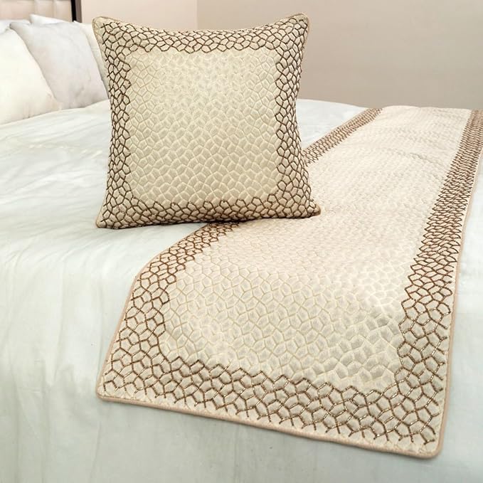 The HomeCentric King/Queen/Twin Ivory & Gold Decorative Full 68"x18" Bed Runner with Pillow Cover, Mosaic & Beaded Bed Scarf on Jacquard Fabric - Tessellation