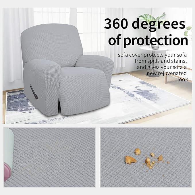 Easy-Going 4 Pieces Oversized Recliner Stretch Sofa Slipcover Sofa Cover Furniture Protector Couch Soft with Elastic Bottom Polyester Spandex Jacquard Fabric Small Checks Silver Gray,X-Large