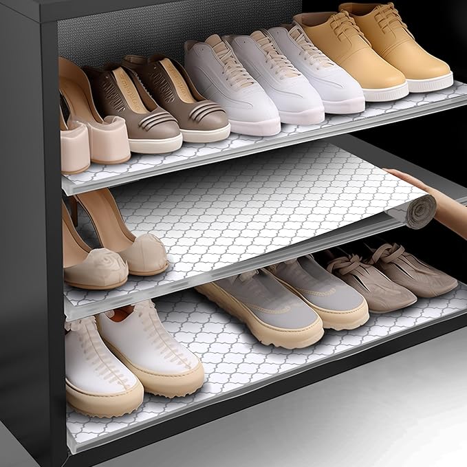 Shelf and Drawer Liner for Kitchen Cabinets Non-Adhesive, Strong Grip Non-Slip Thickened Cabinet Liners for Shelves, Waterproof Mats for Dresser Cupboard, White/Gray, 23 in x 30 Feet