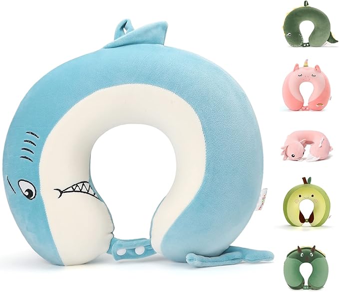 Niuniu Daddy Kids Travel Pillow for Airplane Road Trip Car Seat, Neck Chin Supporting, Stop Head from Falling Forward, Memory Foam with Cute Shark Animal Cover, Gift for Boy Girl - Shark Travel Pillow