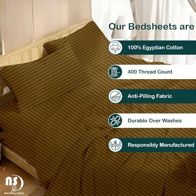 NON Sticky cotton Twin Size Sleeper Sofa Sheets, 4 Piece Egyptian Cotton Bed Sheet Set for Sofa Bed, 8" Deep Pocket for Pull Out Couch Mattress, 39" x 75", Taupe Stripe, Soft & Breathable