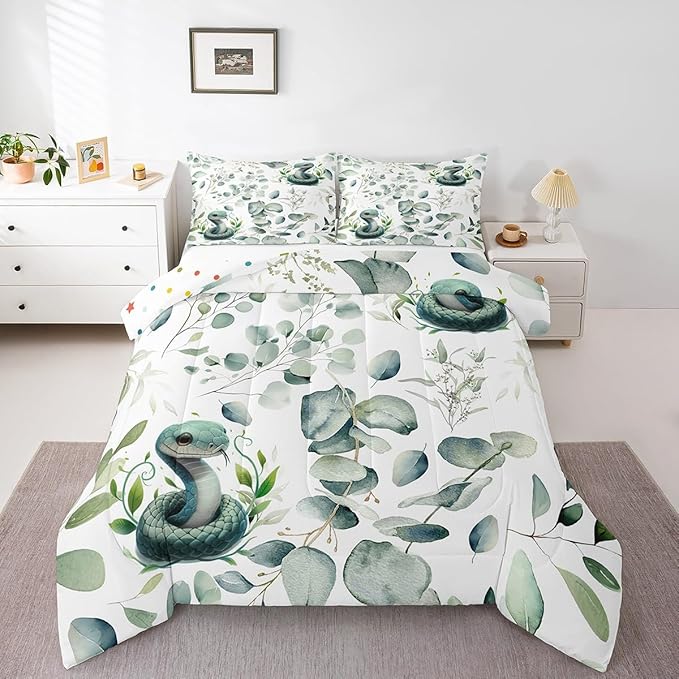 Erosebridal Cute Snake Bedding Queen Size for Kids Child Green Eucalyptus Comforter Set Queen, Wild Animal Duvet Insert Botanical Plant Leaves Quilt Set, Cartoon Wildlife Bedding Comforters & Sets