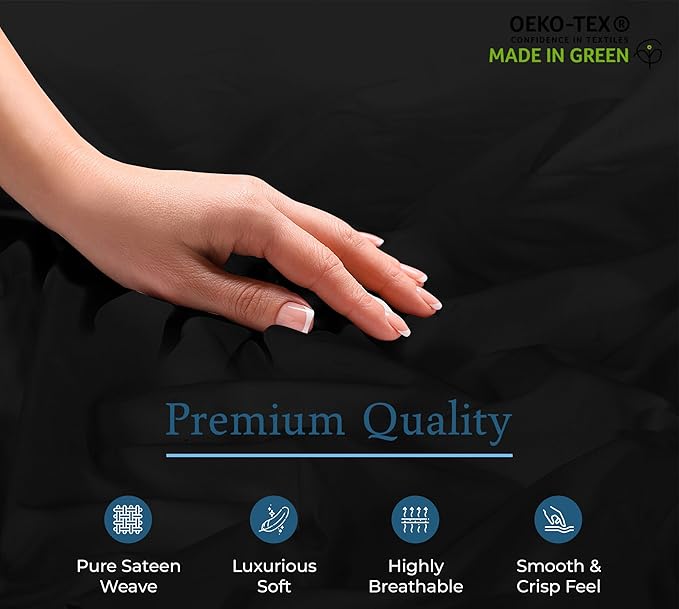 ROYALE LINENS 400 Thread Count 100% American Grown Cotton Fitted Sheet Twin Size - All Around Elastic Fitted Sheet - Luxury Sateen Weave - Snug Fit Bottom Sheet Fit Up to 16 Inch (Twin, Night Black)