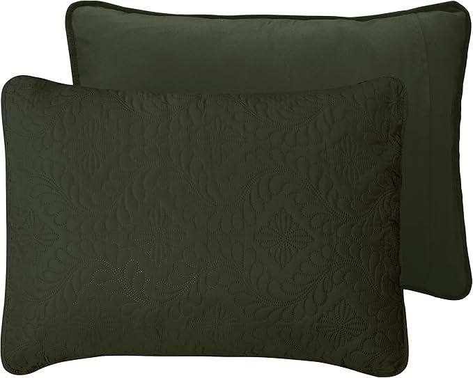 Easy-Going Twin Size Reversible Quilt Set with 1 Quilt and 1 Pillow Sham, Soft Bed Quilt Cover, Water Resistant Lightweight Microfiber Bedspread, Stain Resistant, Olive Leaf-Army Green/Beige