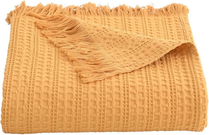 100% Cotton Waffle Blanket with Fringe, Pre-Washed Waffle Weave Blanket for All Season, Lightweight Breathable Soft Cozy Throw Blanket for Couch, Bed, Travel (Mustand Yellow - 50x60 Inches)