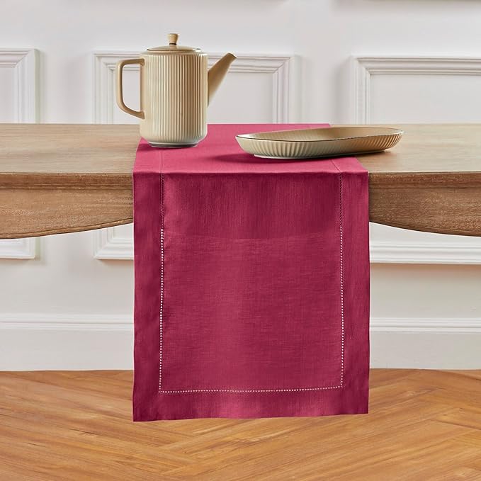 Solino Home Linen Table Runner 60 Inches - 100% Pure Linen Beet Hemstitch Table Runner 14 x 60 Inch Ideal for Dresser and Coffee Tables - Christmas, New Year, Winter - Classic Hemstitch