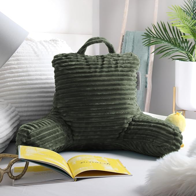 Nestl Reading Pillow for Kids & Teens with Shredded Memory Foam, Luxe Cut Plush Backrest Pillows for Reading and Gaming, for use on Couch or Bed, Adjustable Support with Washable Cover Olive Green