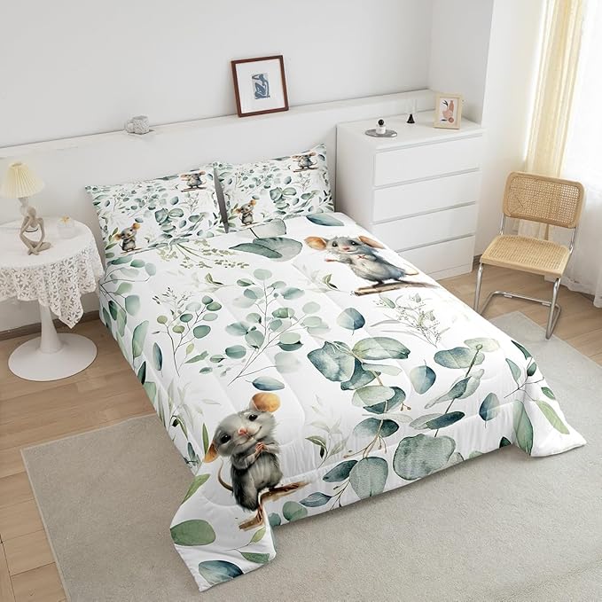 Erosebridal Kids Cute Animal Queen Size Comforter Set for Girls Boys Cartoon Mouse Bedding Set, Spring Eucalyptus Down Comforter Watercolor Leaves Bed Set, Kawaii Animal Mice Quilted Duvet