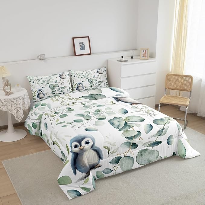 Erosebridal Cartoon Penguin King Size Comforter Set Toddler Woodland Wildlife Bedding Set, Spring Plant Down Comforter Eucalyptus Leaf Bed Set, Antarctic Animal Theme Quilted Duvet Kids Room Decor