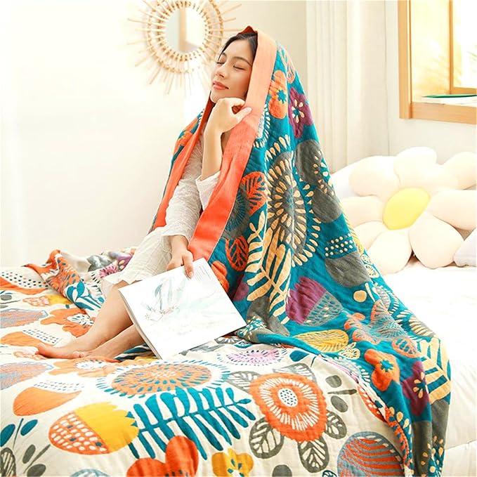 Boho Throw Blanket 60''x80'' for Bed Couch, Floral Muslin Bed Blankets Boho Quilt Travel Mexican 100% Cotton Super Soft Fall Blanket Picnic Blankets