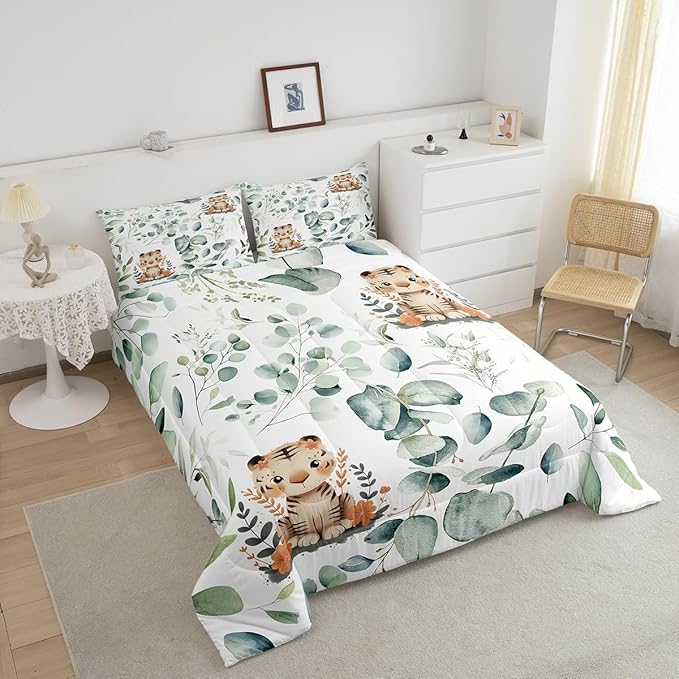Erosebridal Kids Cute Animal Queen Size Comforter Set for Girls Boys Cartoon Tiger Bedding Set, Spring Eucalyptus Down Comforter Watercolor Leaves Bed Set, Kawaii Jungle Animal Quilted Duvet