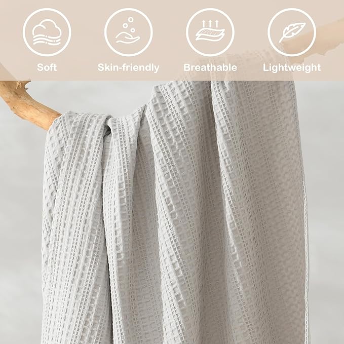 100% Cotton Waffle Queen Blanket with Fringe 90"x90", Pre-Washed Waffle Weave Blanket for All Season, Lightweight Breathable Soft Cozy Throw Blanket for Couch, Bed, Travel (Light Grey)