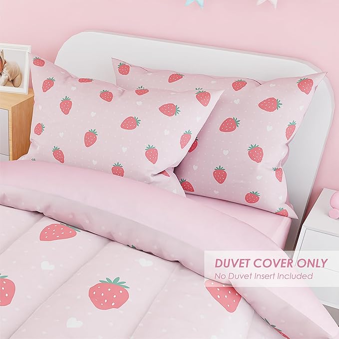 SANDJEST Strawberry Duvet Cover Sets Twin Size for Kids Girls, Include 1 Polyester Comforter Cover 68x86 Inches and 1 Pillowcase 20x26 Inches, Comforter Not Included, Gift for Christmas Birthday