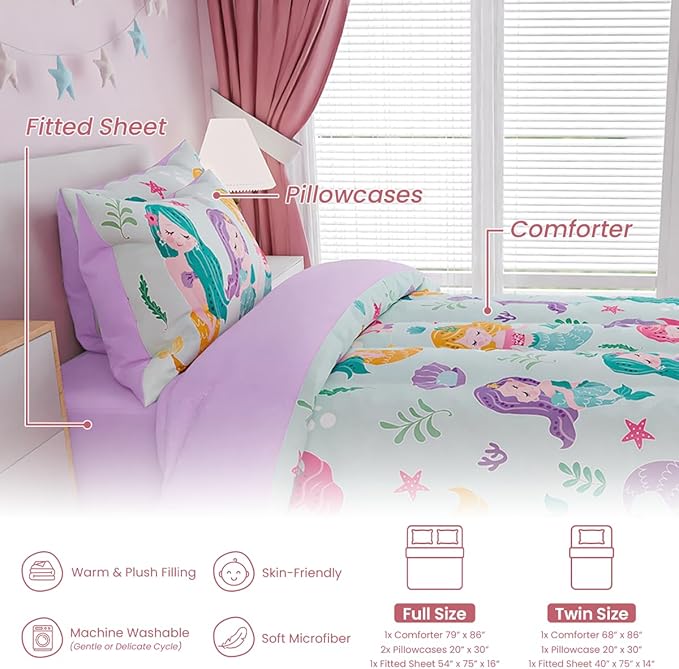 SANDJEST Mermaid Bedding Full for Girls, Ultra Soft Microfiber Comforter Set Full Size with 4-Pieces, Comforters Bed Sets for Kid Children Teen Tween Bedroom Decor