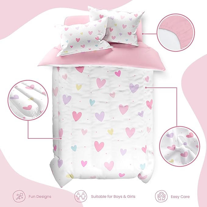 SANDJEST Heart Comforter Set Twin Size 68x86in for Kids Girls, Microfiber 3 Pcs Bedding Set Includes 1 Comforter, 1 Pillowcase, 1 Fitted Sheet, Nursery Room Decor