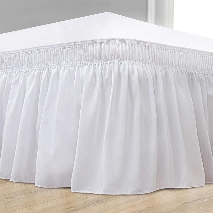 White Wrap Around Bed Skirts with 16" Drop - Three Sides Fabric Adjustable Elastic Dust Ruffle Silky Soft -600 TC Stretchy Bed Skirt-Olympic Queen(66"X 80") White