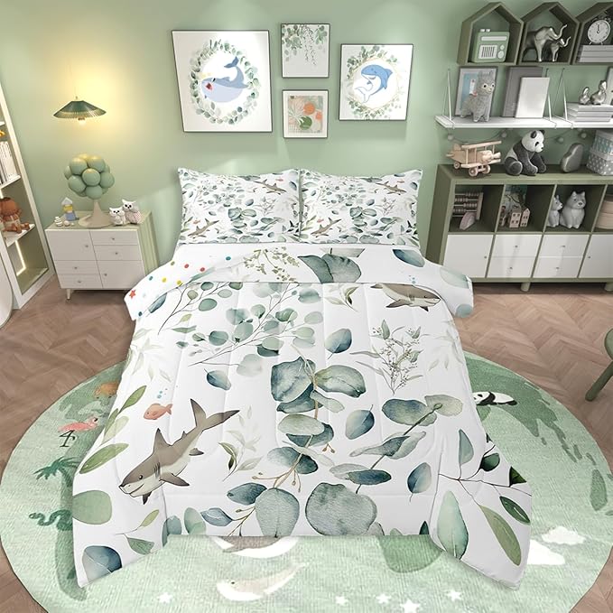 Erosebridal Girls Kawaii Animal Full Comforter Set Cute Shark Bedding Set Full, Cartoon Wildlife Bedding Comforter Sets Green Leaf Duvet Set, Spring Plant Quilted Comforter Child Kids Bedroom Decor