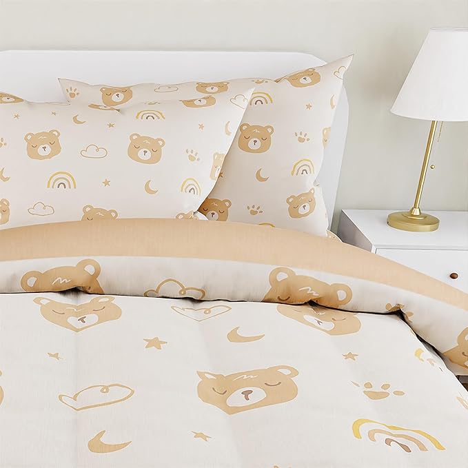 SANDJEST Bear Comforter Set Full Size 98x86in for Kids Boys Girls Unisex, Microfiber 4 Pcs Bedding Set Includes 1 Comforter, 2 Pillowcases, 1 Fitted Sheet, Nursery Room Decor