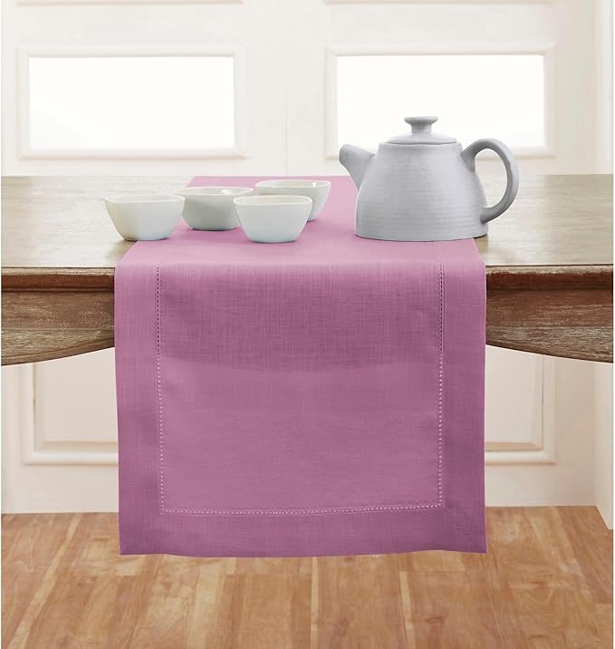 Solino Home Linen Table Runner 120 Inches Long - Classic Hemstitch 100% Pure Linen Violet Dining Table Runner 14 x 120 Inch