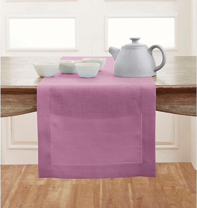 Solino Home Linen Violet Table Runner 90 Inches Long - 100% Pure Linen Hemstitch 14 x 90 Inch Table Runner for Dining - Classic Hemstitch