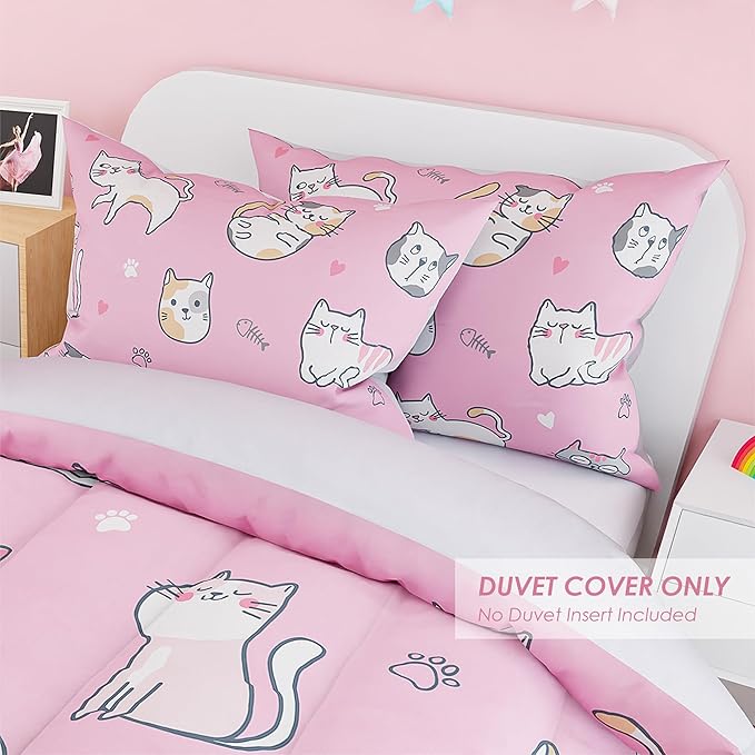 Cat Duvet Cover Sets Twin Size for Kids Girls, Include 1 Polyester Comforter Cover 68x86 Inches and 1 Pillowcase 20x26 Inches, Comforter Not Included, Gift for Christmas Birthday