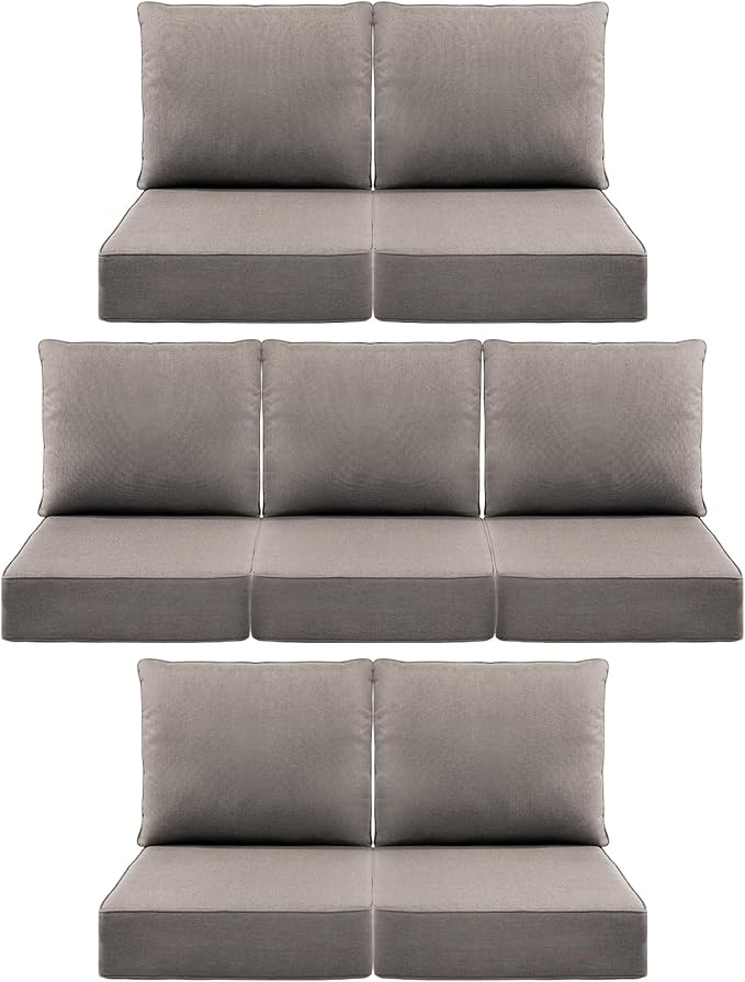 Luxury 6" Outdoor Cushions for Patio Furniture, 24x24x6" Thick Seat Cushion Set of 7, Fade Resistant Couch Chair Replacement Cushions High Density Deep Wicker Chair Cushion w/ Removable Cover Gray