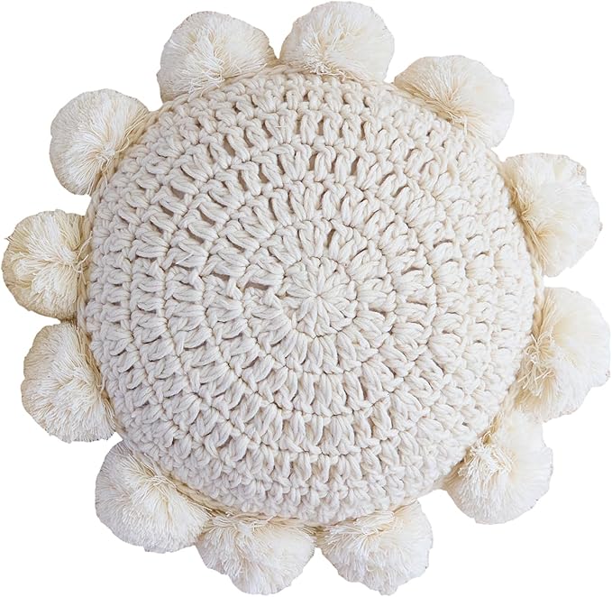 Beige 14 Inch Boho Round Throw Pillow, Cute Throw Pillow with Pom Poms Tassels, Decorative Circular Knitted Crochet Cushion for Couch Sofa Chair Bed