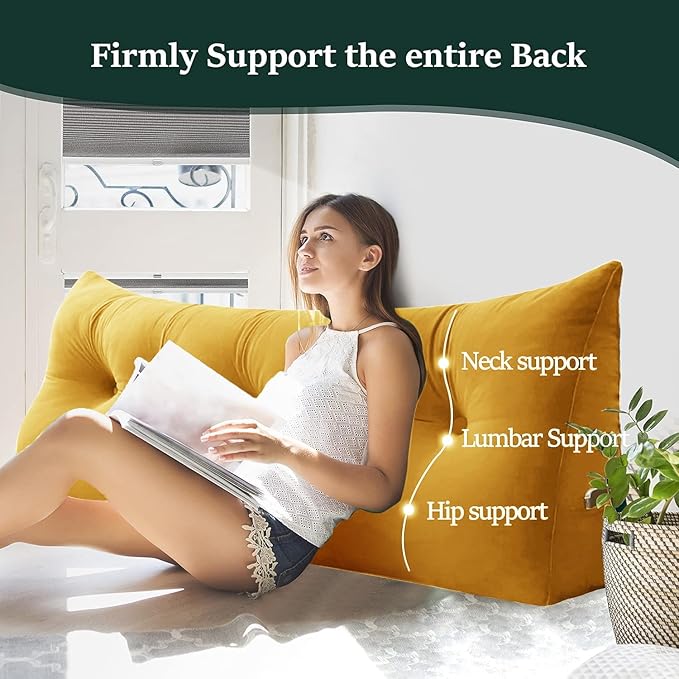 Bed Wedge Headboard Pillow - College Dorm Reading Pillow Back Support While Sitting in Bed - Ergonomic Lumbar Pillow Body Positioning Bed Pillow - Velvet Golden Yellow 76IN