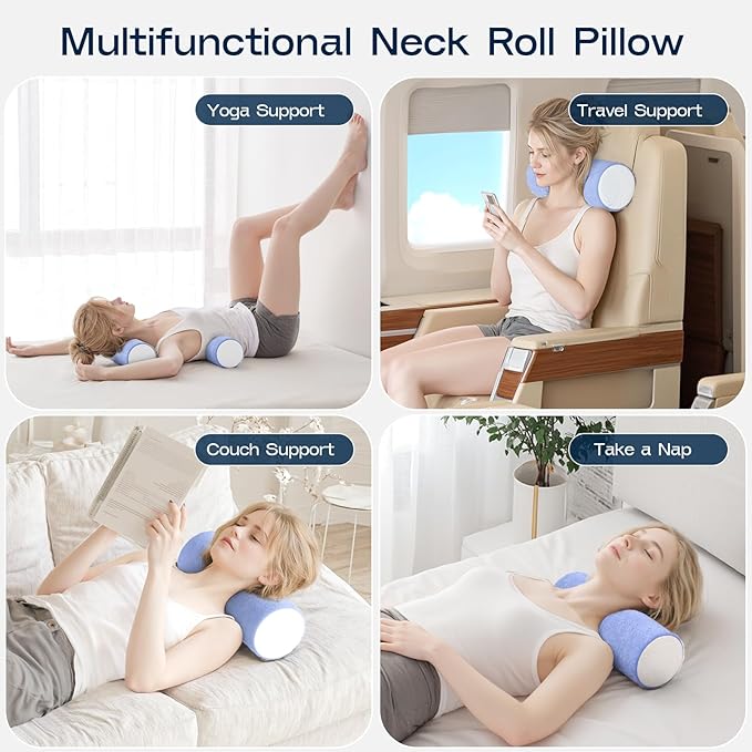 Neck Roll Cervical Pillow for Neck Pain Relief - Memory Foam Neck Pillow for Bed, Round Neck Pillows for Sleeping, 15.7 * 6 * 6inch (Blue-White)