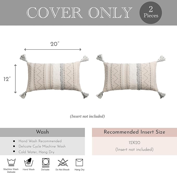 BlissBlush Decorative Lumbar Throw Pillow Cover 12x20 Combo Set of 2 Gray Rectangular Boho Accent Pillowcase Neutral Grey Farmhouse Cushion for Couch Sofa Bedroom Living Home Décor Cover ONLY