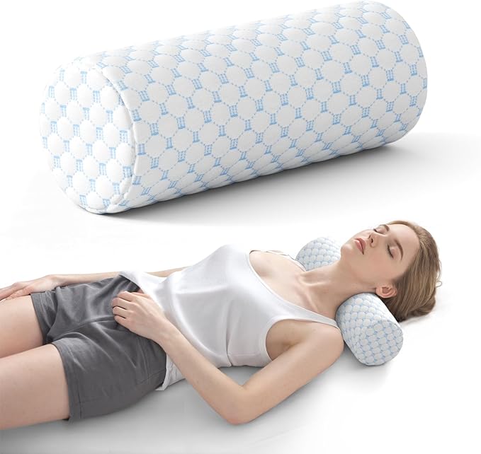Neck Roll Pillow for Neck Pain Relief - Memory Foam Neck Support Pillow for Bed, Cylinder Pillows, Round Neck Pillow for Sleeping, 15.7 * 5 * 5 inch (Cool-Blue)