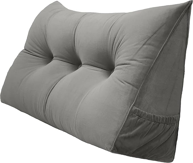 Triangular Reading Bed Rest Pillow Large Bolster Cushion Headboard Backrest Wedge Pillow with Removable Cover and Two Large Side Pockets (Grey, 47 x 8 x 20 inches)