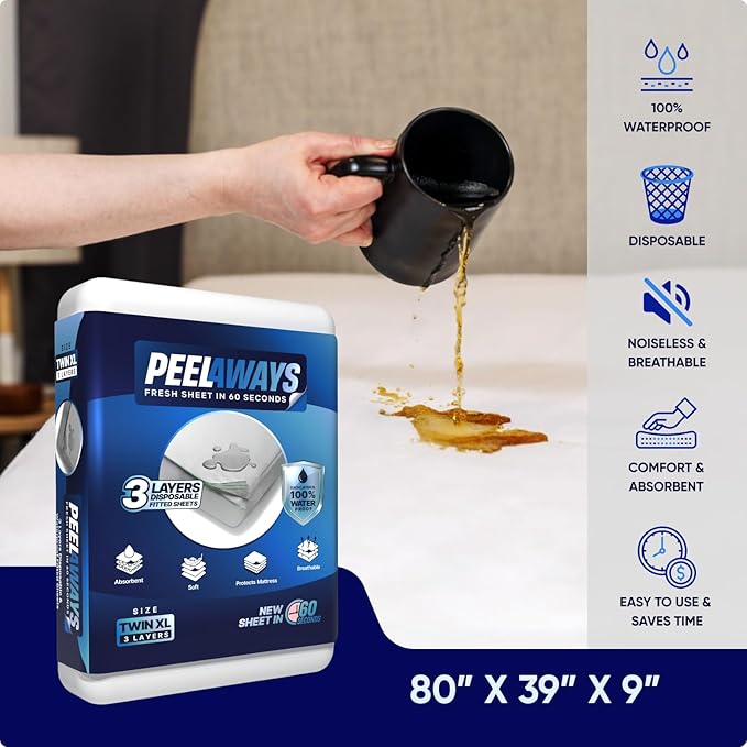 Peelaways Waterproof Disposable Bed Sheets – As Seen On Shark Tank | 3-Layer Absorbent Wellness Sheets for Elderly, Homecare, Hospital Use and Travel