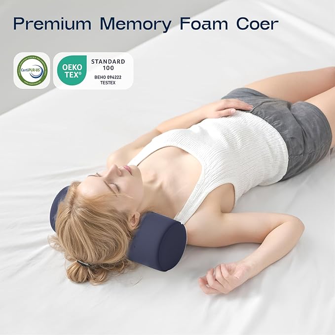 Neck Roll Pillow for Neck Pain Relief - Memory Foam Neck Support Pillow for Bed | Round Neck Pillow for Sleeping, 15.7 * 6 * 6inch ((Navy-Blue)