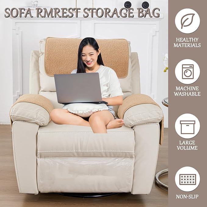 Armrest Cover, Recliner Chair Protector, Furniture Protector Slip, Side Storage Pocket, Stretch Armchair Couch Arm Rest Cover for Recliner, Chair, Sofa (Camel,1 Seater(3pcs))