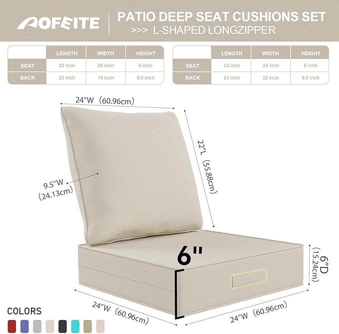 Outdoor Olefin Water-Resistant Deep Seat Cushion Set, 24''x24''x6'' Weather and Fade Resistant Patio Furniture Seat Cushion, Thickened Sofa Chair Pad with Straps for Lawn, Garden, Gray Apricot